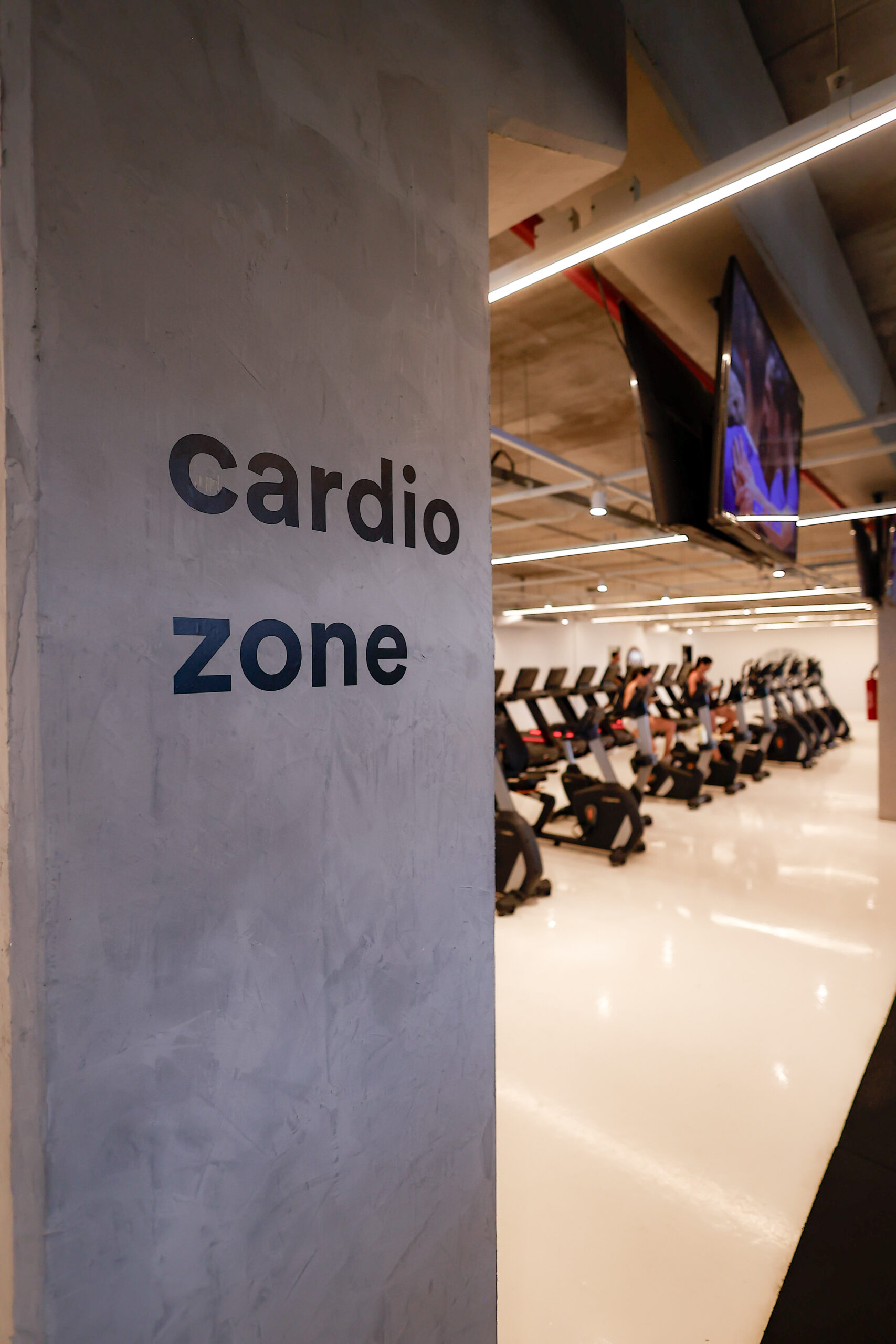Zona de cardio da unidade icônica com esteiras, bikes, escadas